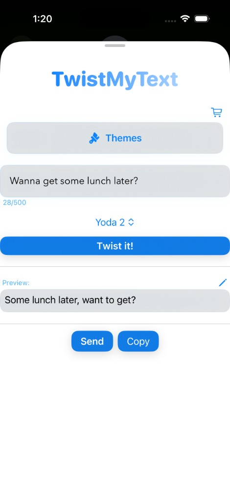 TwistMyText editor with text field, style picker, Twist it button, preview, and Send and Copy.