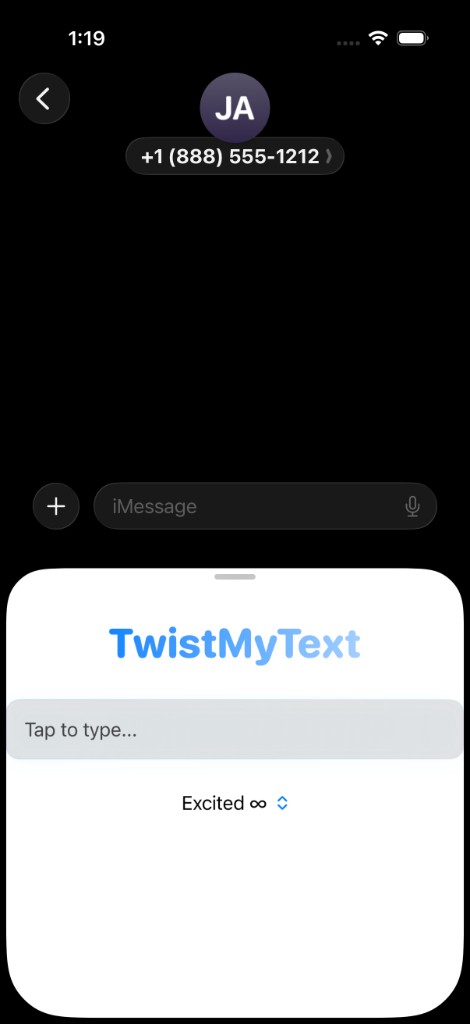 TwistMyText open in an iMessage thread: compose a message and pick a style.