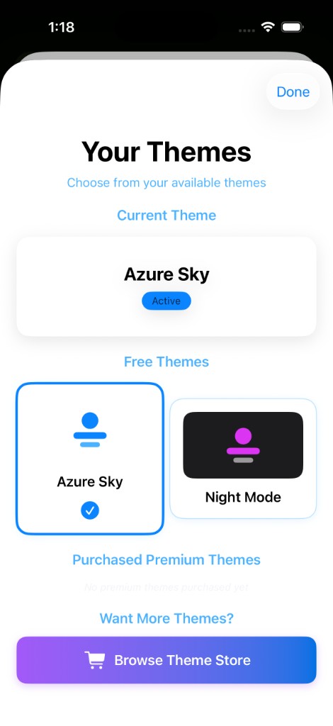 Theme Store with colorful theme cards and buy options.